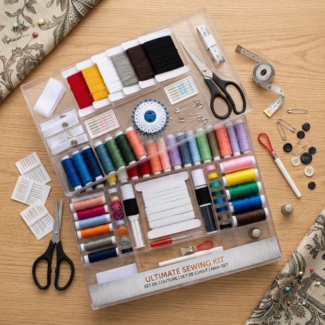 Богат комплект за шиене в прозрачен органайзер с аксесоари