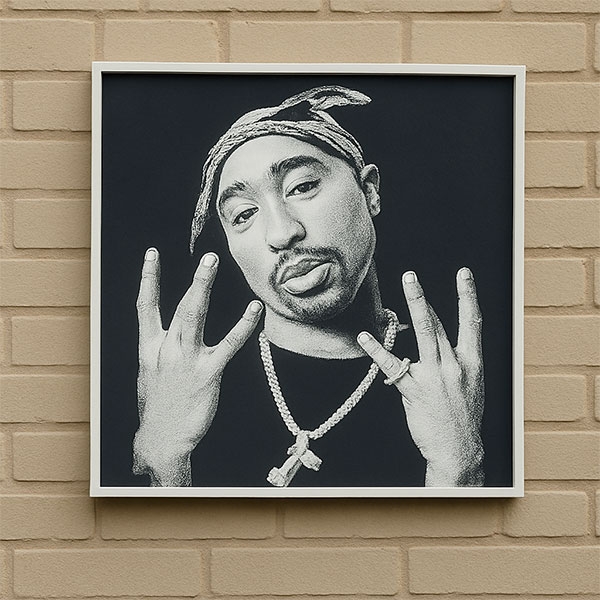 Черно-бяла арт картина на Tupac Shakur – иконична „Westside“ поза