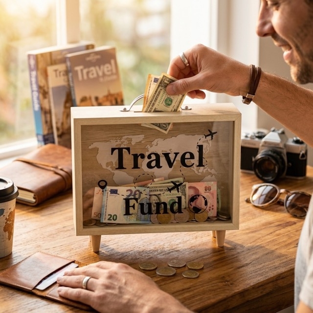 Дървена касичка куфарче „Travel Fund“