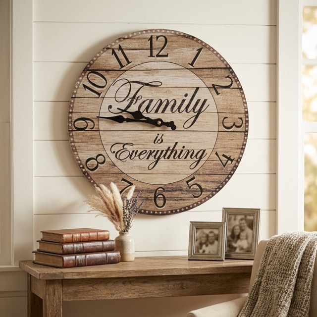 Декоративен стенен часовник от MDF „Family is Everything“ – Ø34 см