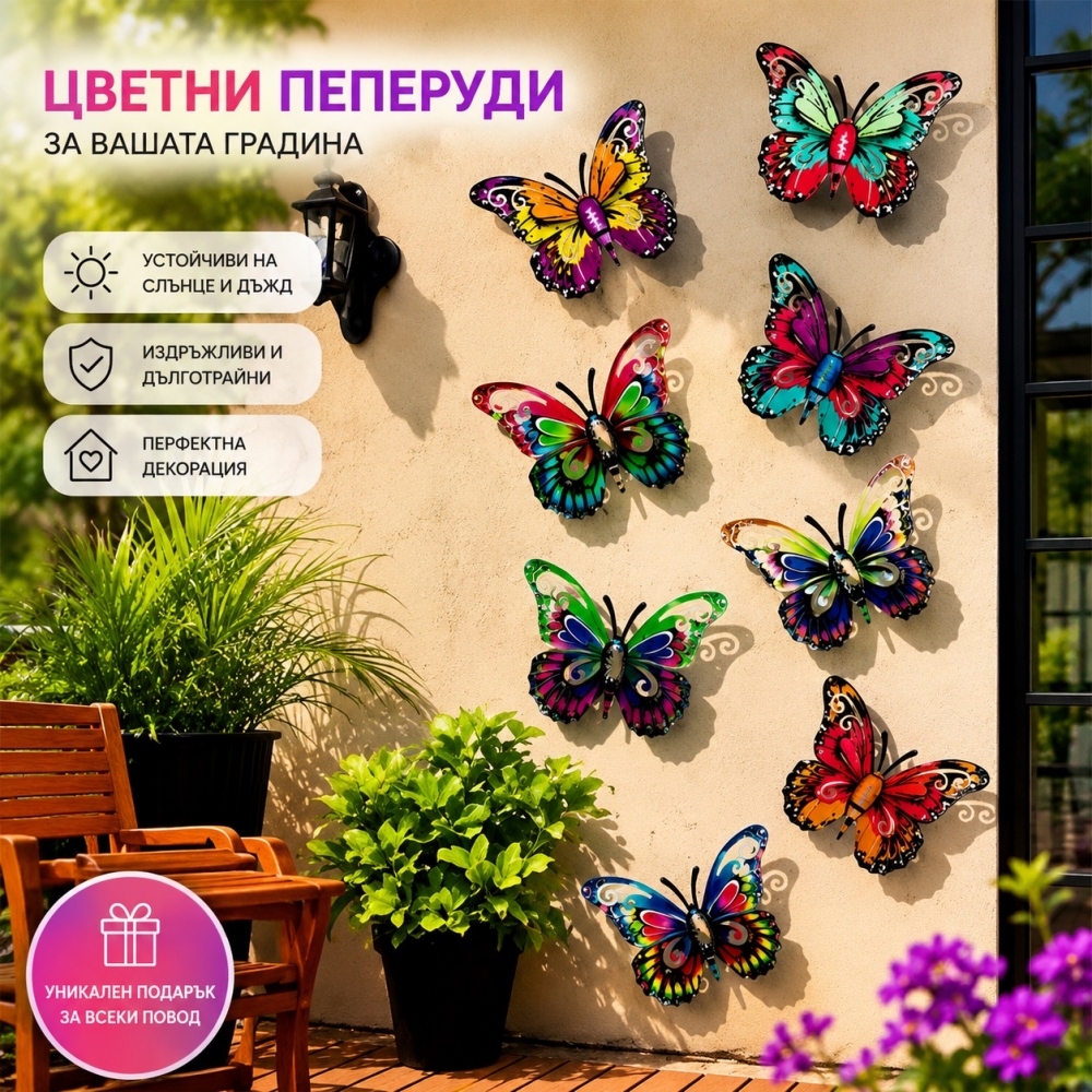 Декоративни метални пеперуди за стена и градина – комплект от 8 броя
