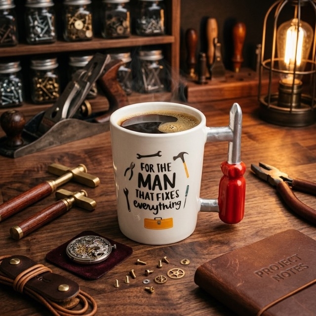 Керамична чаша „For the Man that Fixes Everything“ с дръжка-отвертка – 360 мл