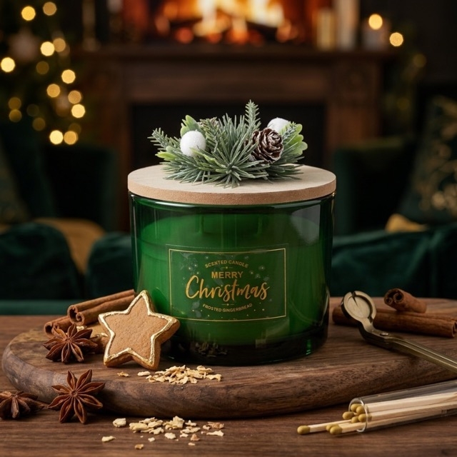 Коледна ароматна свещ Frosted Gingerbread в зелено стъкло с дървен капак и шишарки