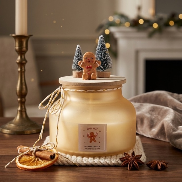 Коледна ароматна свещ Gingerbread Man в матиран буркан с дървен капак и фигурки