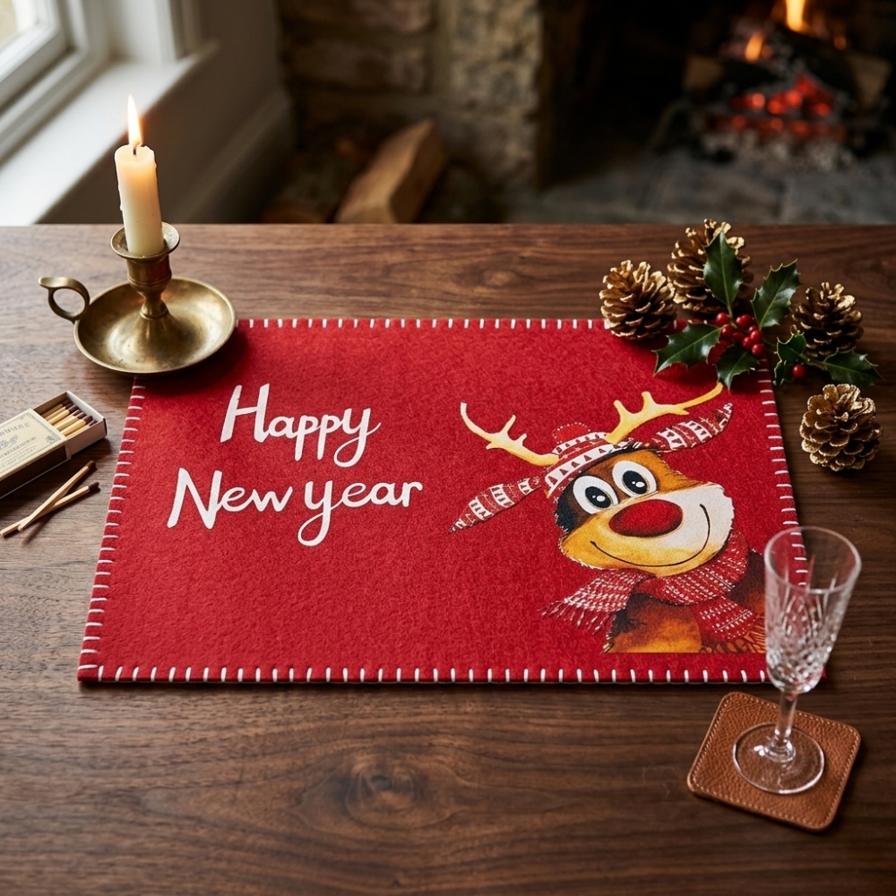 Коледна червена филцова подложка за хранене с еленче Happy New Year