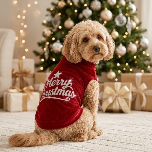 Коледна кадифена блузка за кучета Merry Christmas в празнично червено