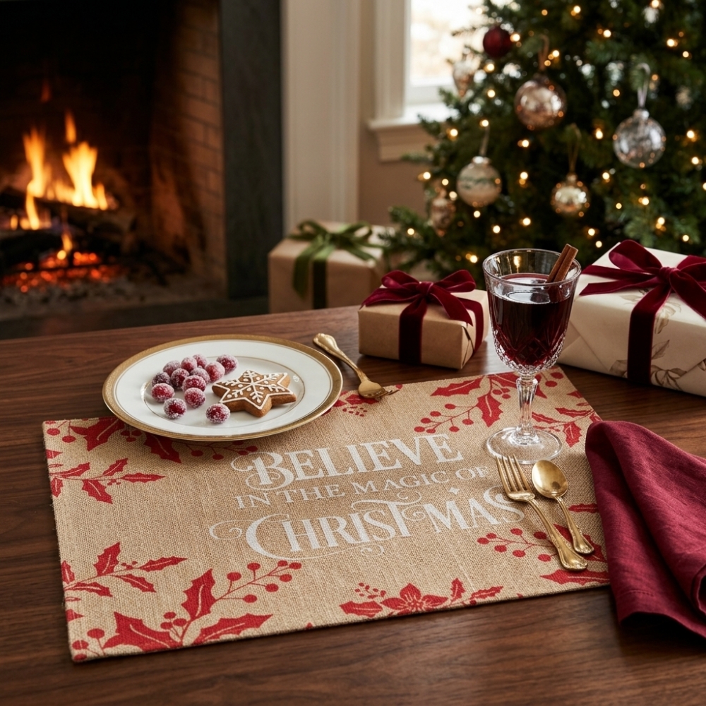 Коледна ленена подложка за хранене Believe in the Magic of Christmas с имел