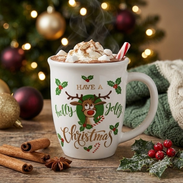 Коледна овална керамична чаша Holly Jolly Christmas с еленче 390 мл