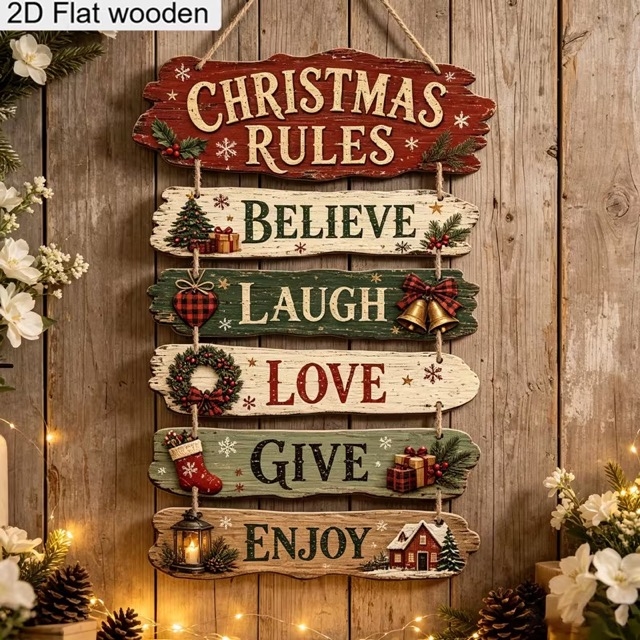 Коледна висяща дървена табела Christmas Rules (30х65 см)