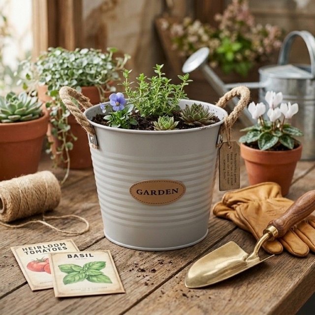 Метална кашпа с дръжки от въже Garden