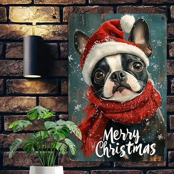 Метална коледна табела Merry Christmas Dog