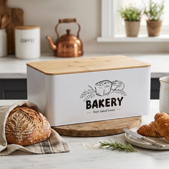 Метална правоъгълна кутия за хляб и тестени изделия с дървен капак „Bakery“
