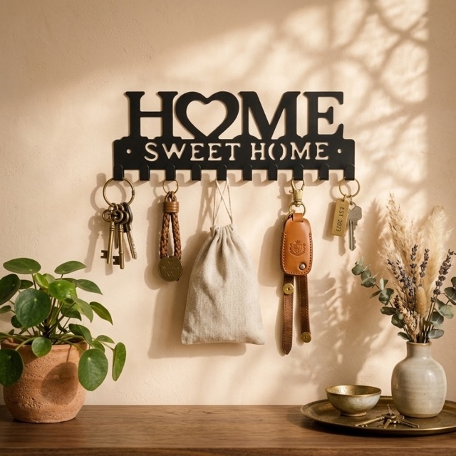 Метална закачалка за стена „Home Sweet Home“ с 10 куки – черна