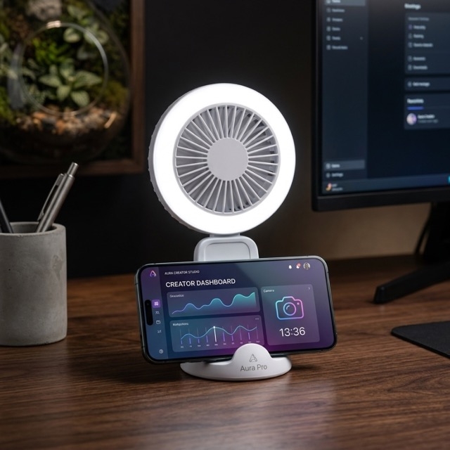 Мини презареждаем USB вентилатор с LED ринг и стойка за телефон
