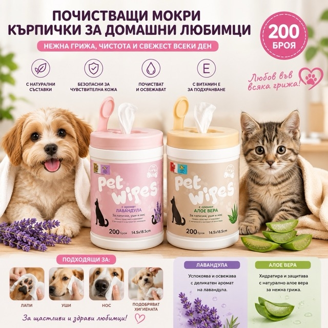 Почистващи мокри кърпички за домашни любимци – 200 бр.