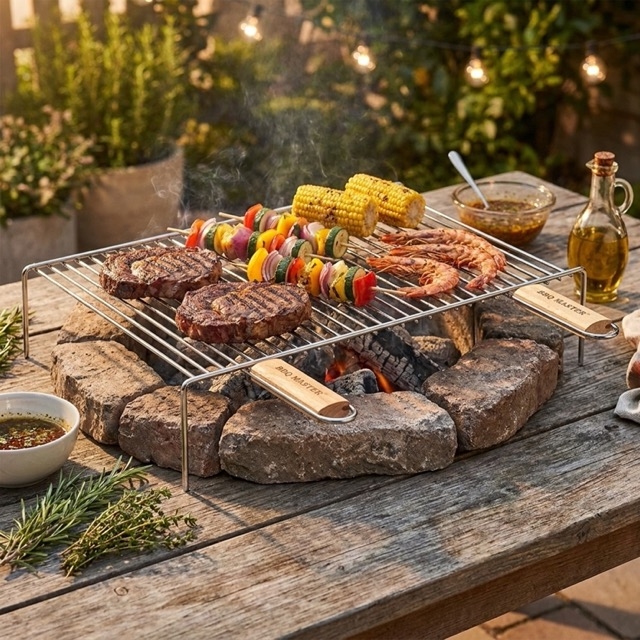 Правоъгълна BBQ скара с крачета и дървени дръжки