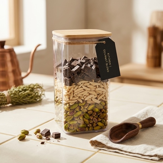 Прозрачна кутия за съхранение с бамбуков капак – 1.5 L