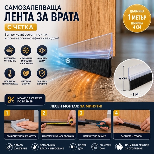 Самозалепваща уплътнителна лента за врата с четка – 1 м