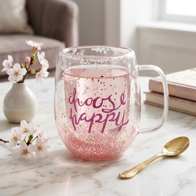 Стъклена двустенна чаша „Choose Happy“ с камъчета – 350 мл