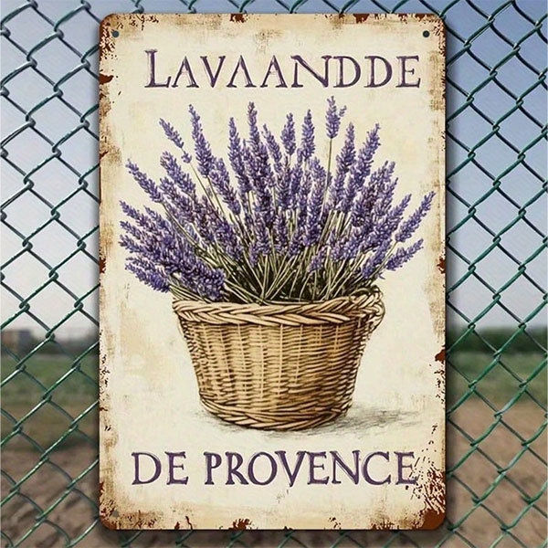 Винтидж метална табела „Lavande de Provence“ с кошница лавандула
